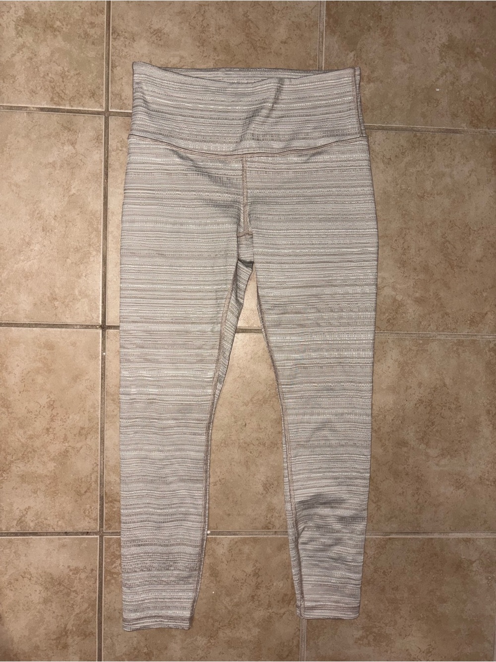 Athleta Cream and Light Gray Striped High-Waist Leggings